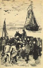 Группа людей на пляже, прибытие рыбаков